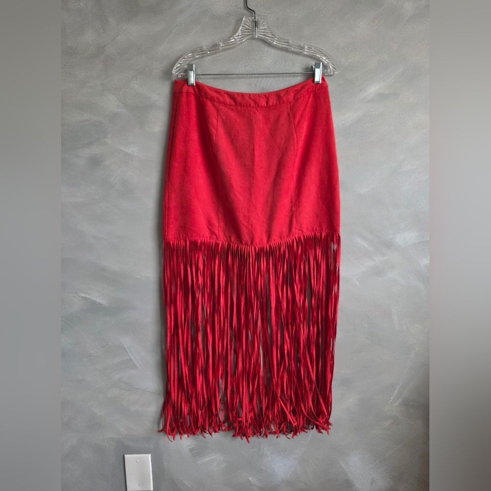 Red Faux Suede Long Fringe Maxi skirt H&M x Coachella Collection Sz 12 - Picture 4 of 12